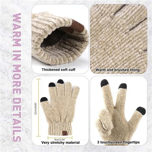 Women's Winter Knit Beanie, Scarf & Touchscreen Gloves Set- Unisex Warmth, Beige - Picture 4 of 7